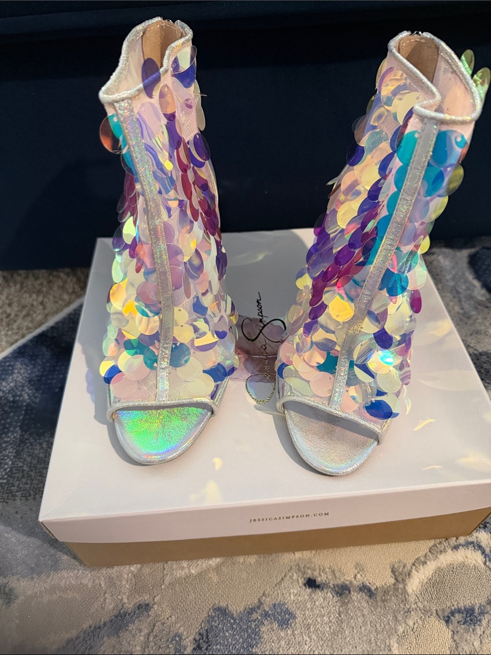 Jessica Simpson Iridescent Sequin Open-Toe High Heel Booties - Multi